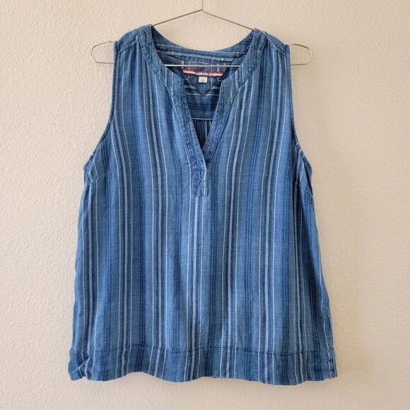 Tommy Hilfiger Denim Sleeveless Top Women Sz L Blue Striped V Neck Boho Casual - Picture 1 of 9